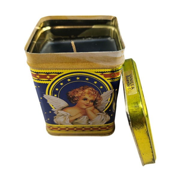 VTG Candle in Collectible Tin with Angel Print Vanilla Scented by Giftco, INC - Picture 1 of 8